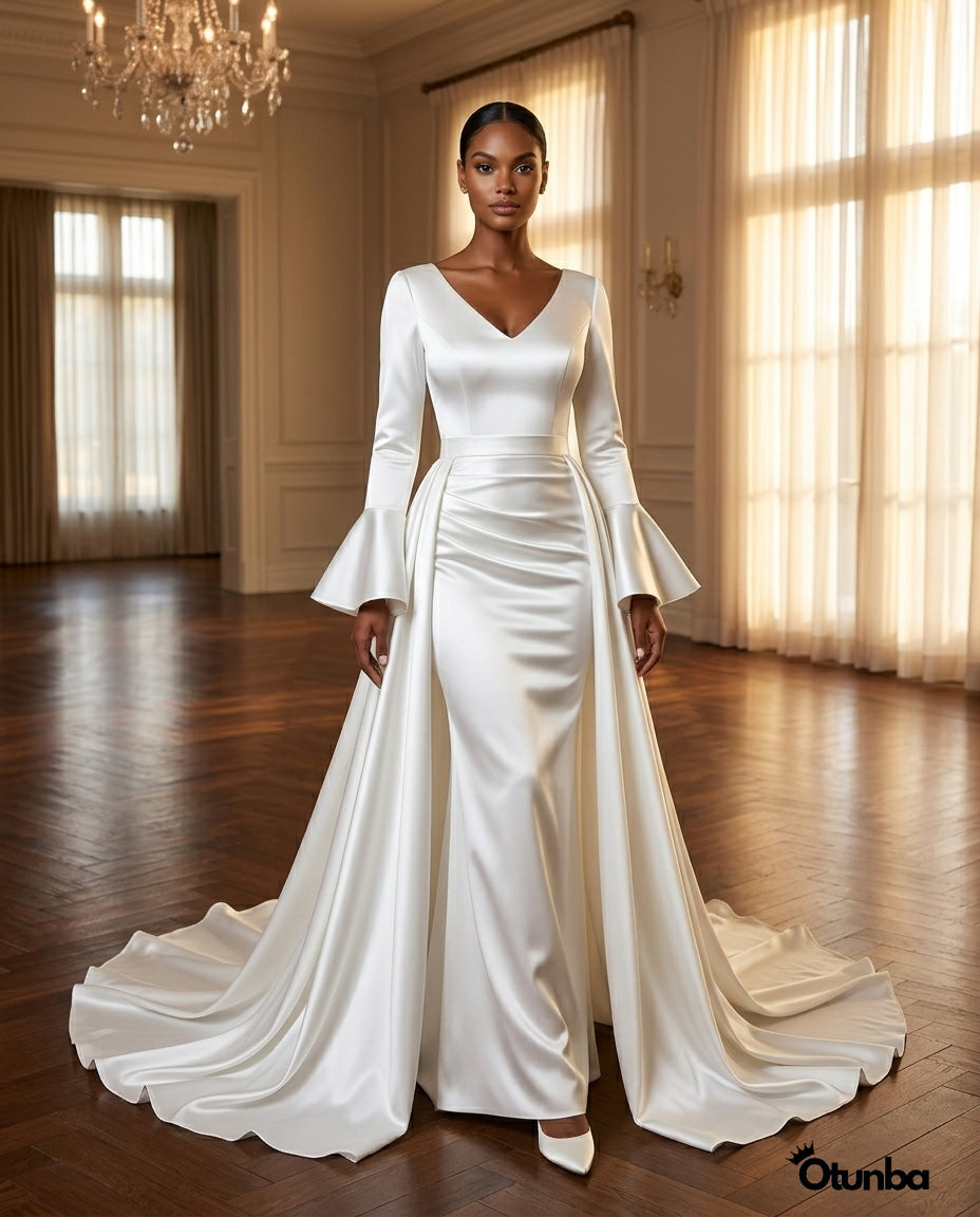 Luxury Satin Simple Mermaid Wedding Dress | Long Sleeve with Detachable Skirt — Social 5 | OTUNBA Luxury Fashion