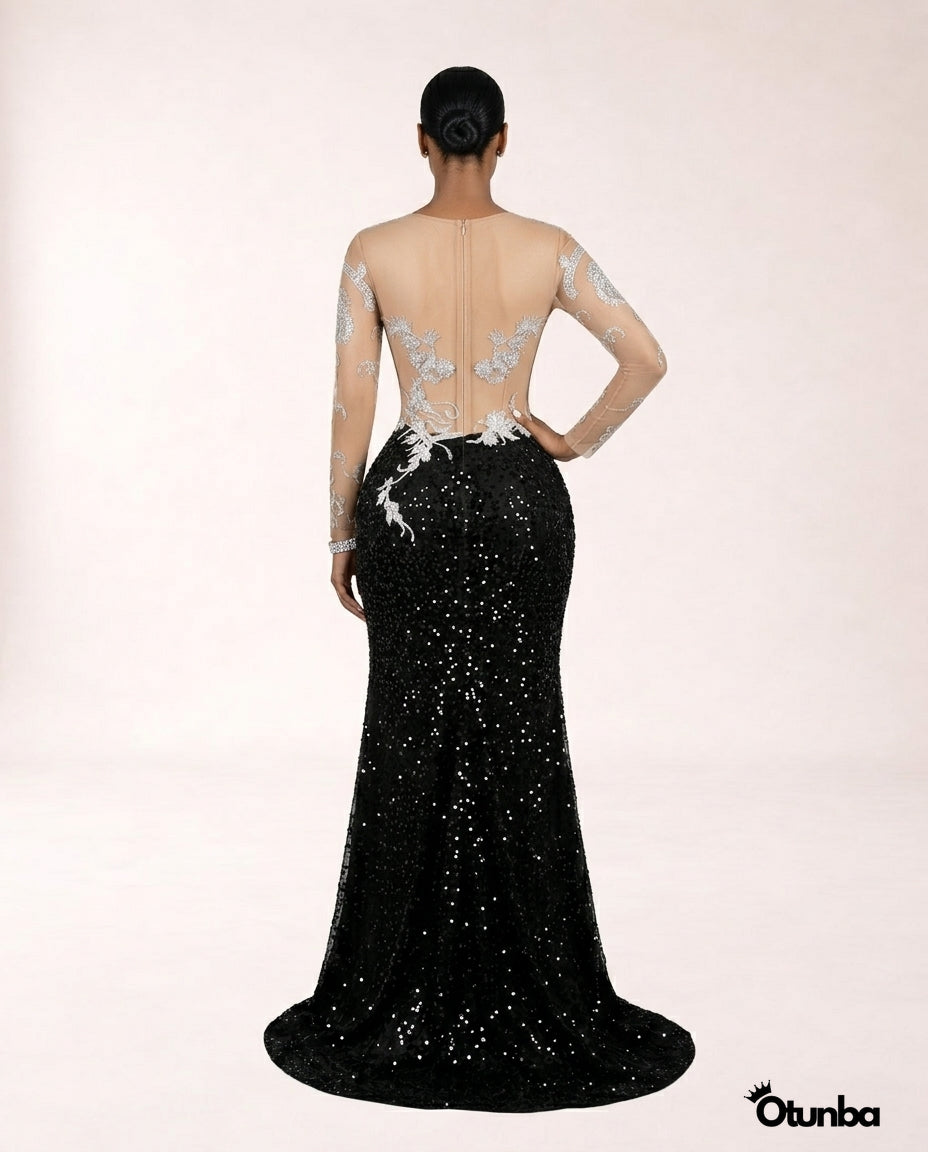 Luxury Sequined Lace Prom Dress | Silver and Black