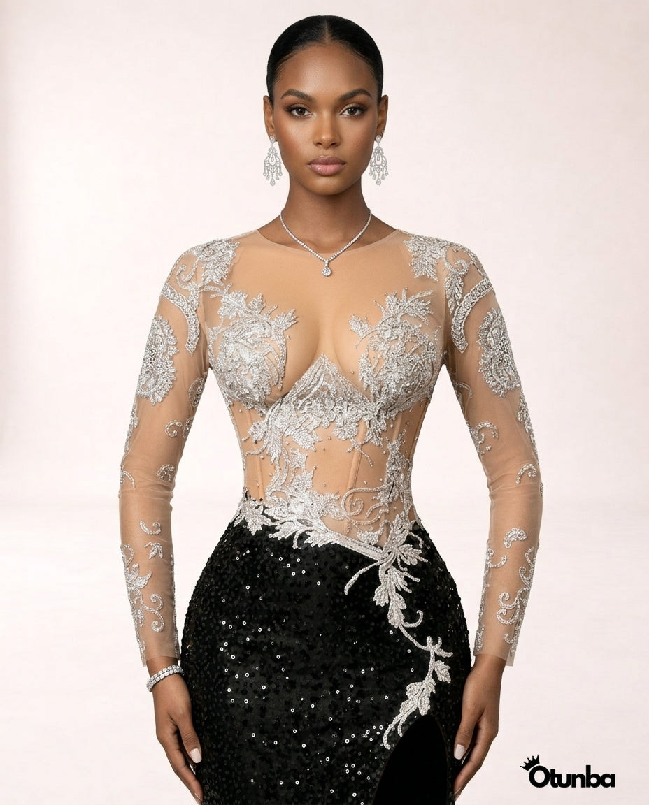 Luxury Sequined Lace Prom Dress | Silver and Black