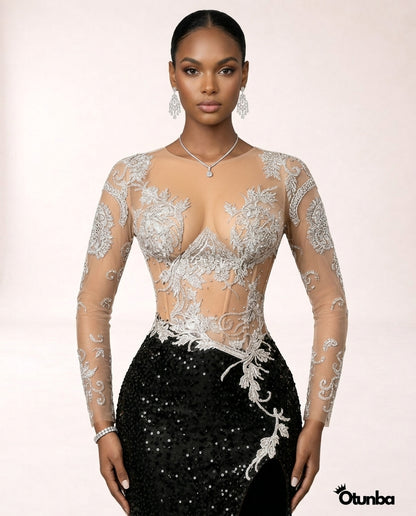 Luxury Sequined Lace Prom Dress | Silver and Black — Photo 2 | OTUNBA Luxury Fashion