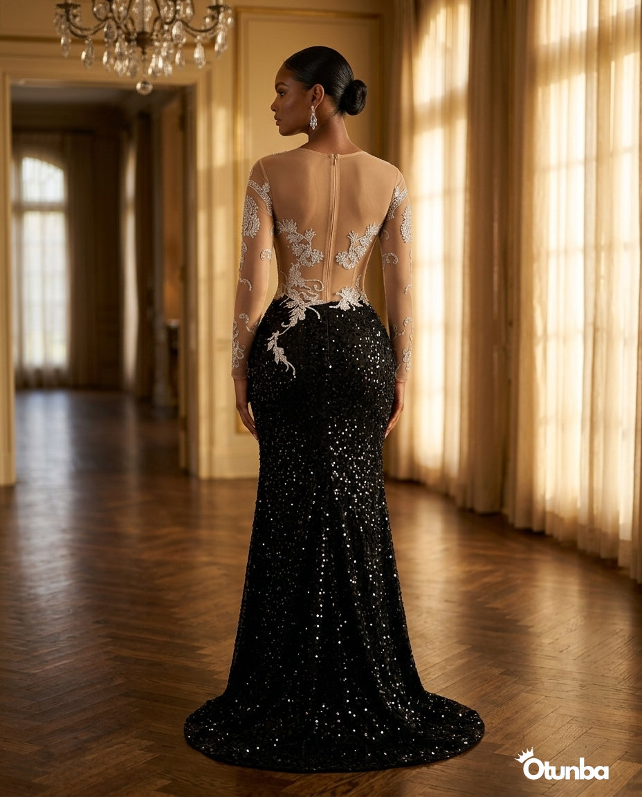 Luxury Sequined Lace Prom Dress | Silver and Black OTUNBA Luxury Sequined Lace Prom Dress | Silver and Black OTUNBA