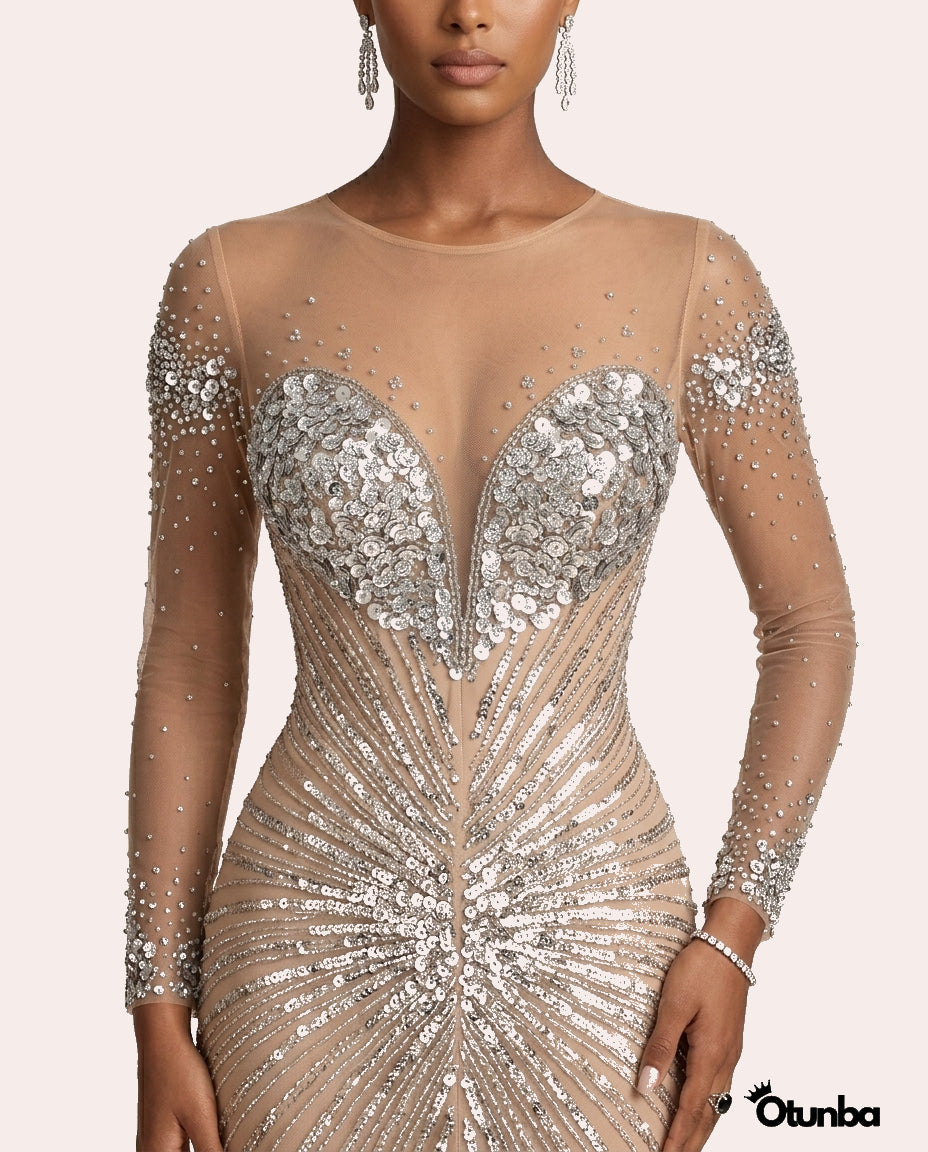Luxury Shimmering Prom Beaded Dress | Silver OTUNBA Luxury Shimmering Prom Beaded Dress | Silver OTUNBA