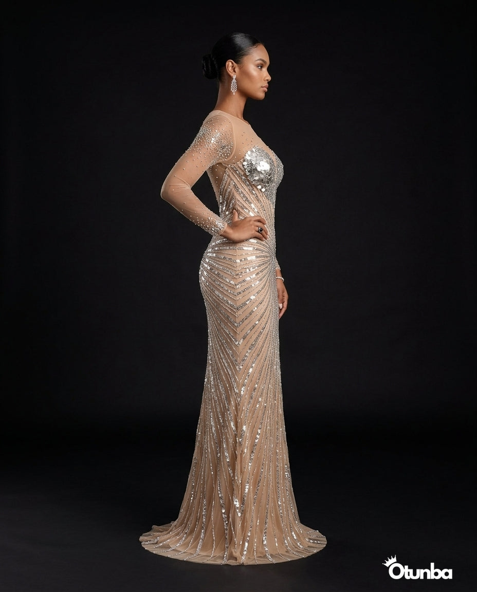 Luxury Shimmering Prom Beaded Dress | Silver — Photo 5 | OTUNBA Luxury Fashion