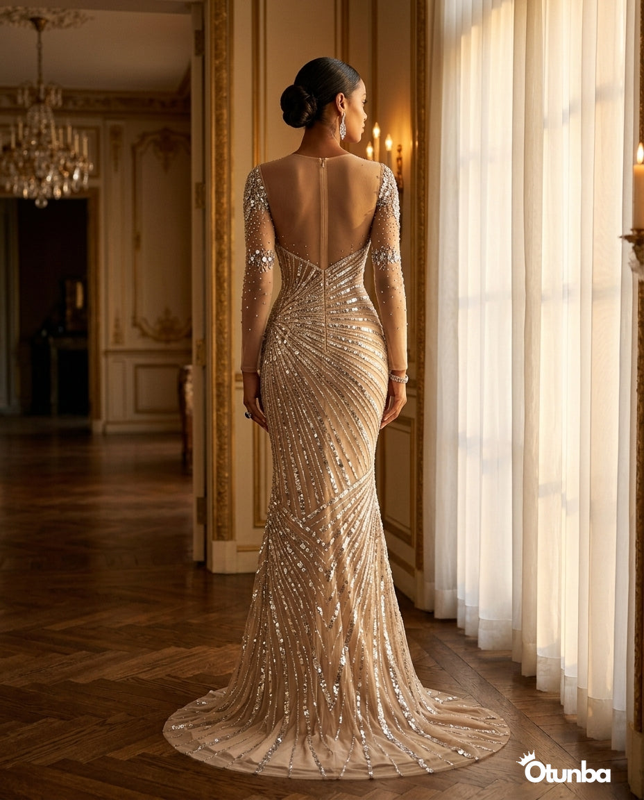 Luxury Shimmering Prom Beaded Dress | Silver — Social 3 | OTUNBA Luxury Fashion