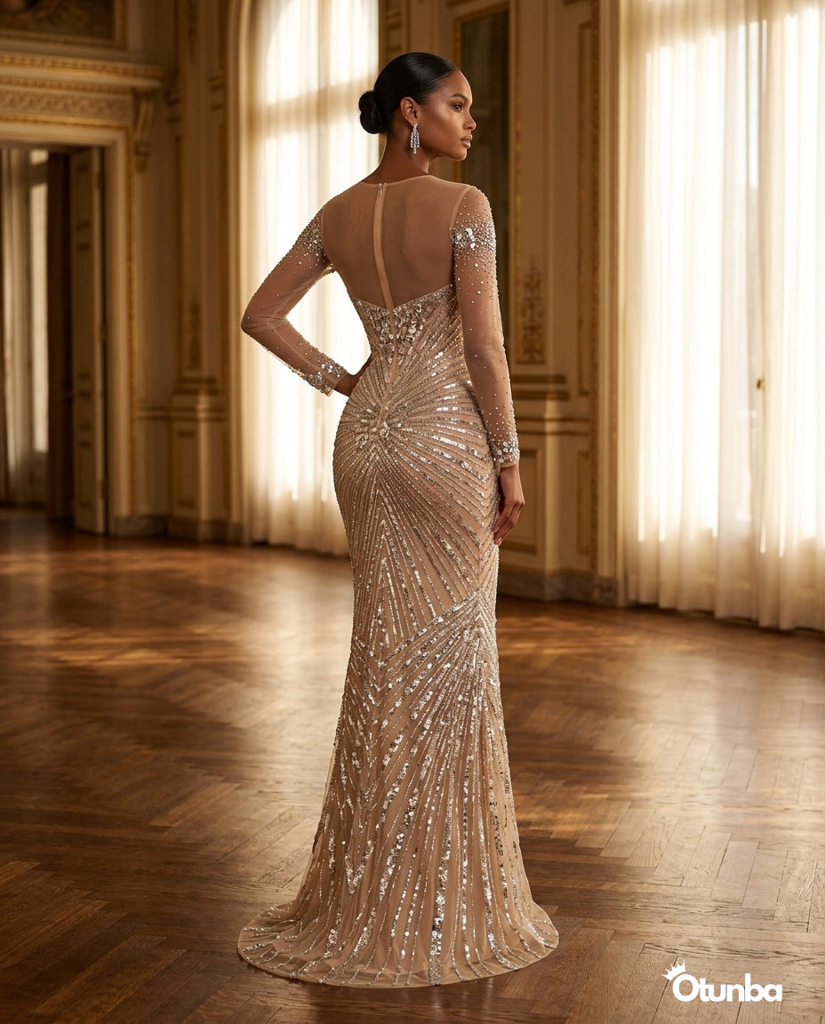 Luxury Shimmering Prom Beaded Dress | Silver — Social 4 | OTUNBA Luxury Fashion