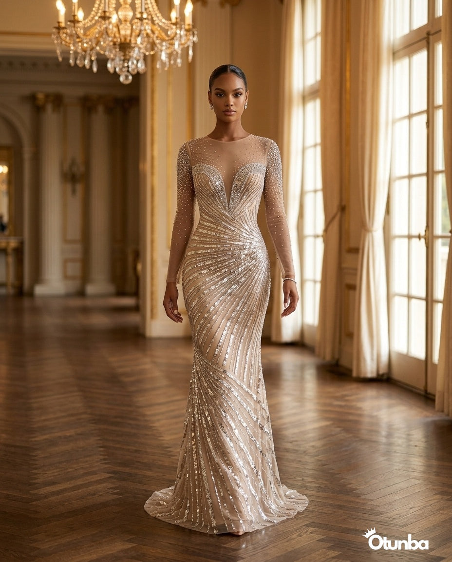 Luxury Shimmering Prom Beaded Dress | Silver — Social 5 | OTUNBA Luxury Fashion
