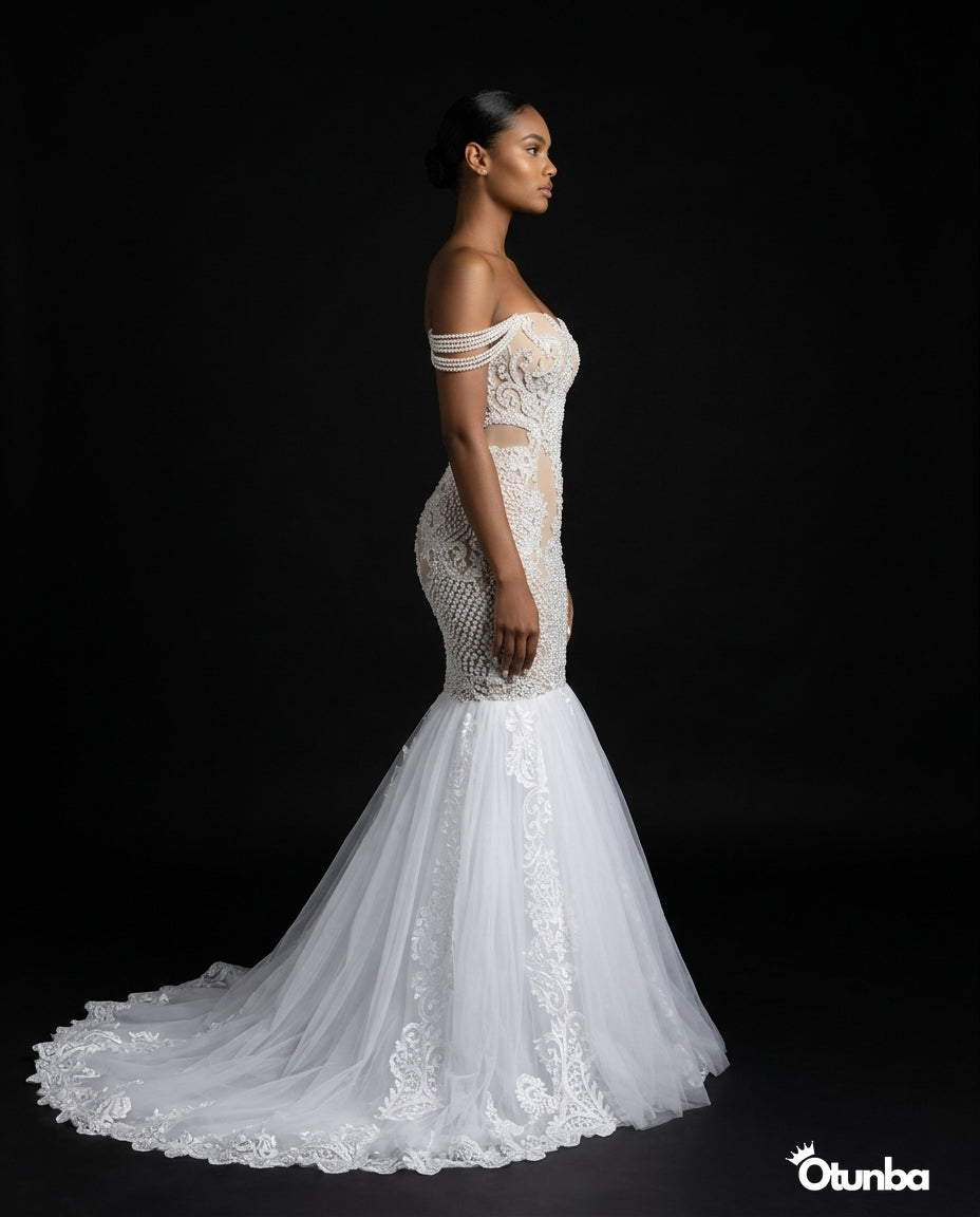 Luxury Shiny Beaded Wedding Dress | White — Photo 5 | OTUNBA Luxury Fashion