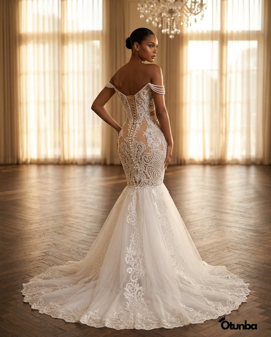 Luxury Shiny Beaded Wedding Dress | White OTUNBA Luxury Shiny Beaded Wedding Dress | White OTUNBA