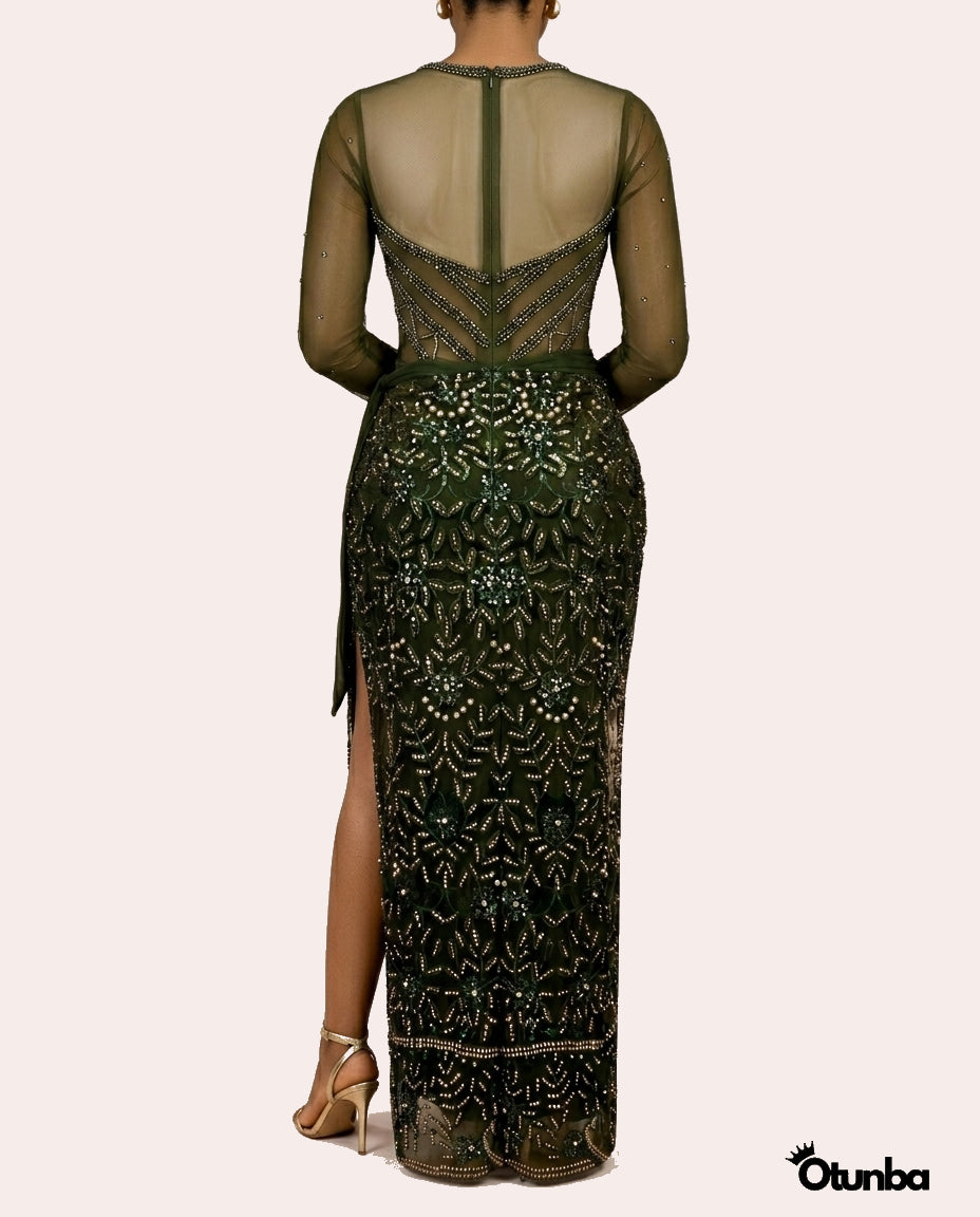 Luxury Shiny Lace Tradition Wedding Attire | Green  OTUNBA