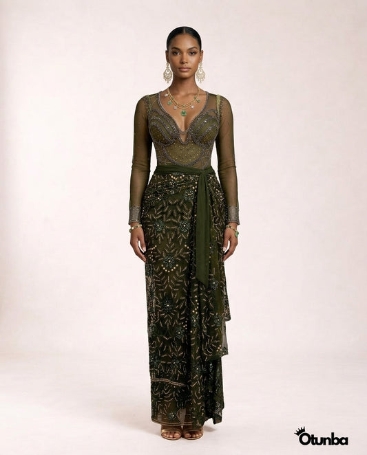 Luxury Shiny Lace Tradition Wedding Attire | Green — Photo 2 | OTUNBA Luxury Fashion