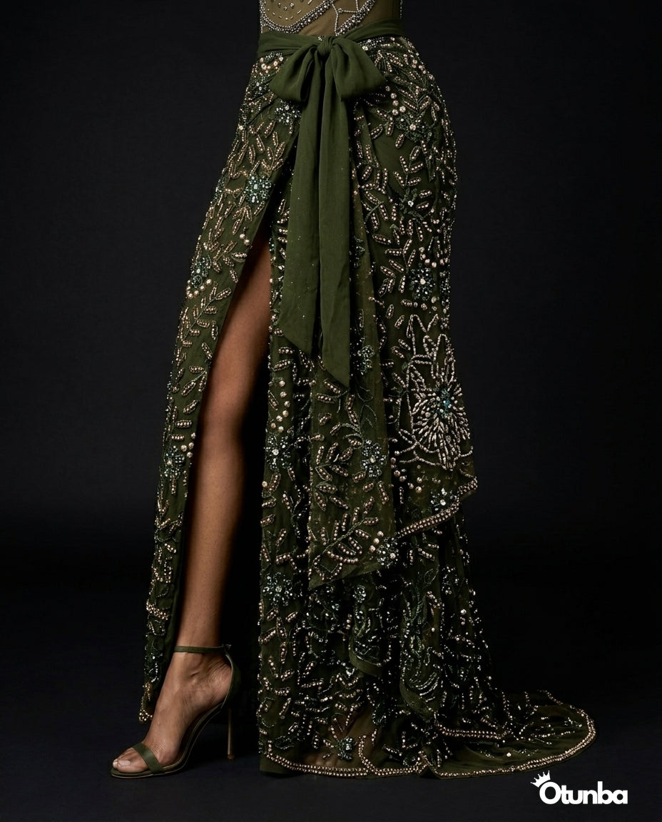 Luxury Shiny Lace Tradition Wedding Attire | Green — Photo 3 | OTUNBA Luxury Fashion