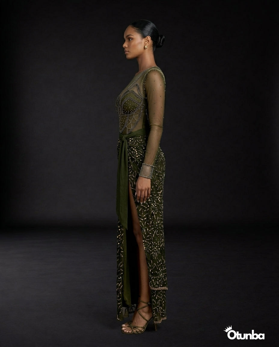 Luxury Shiny Lace Tradition Wedding Attire | Green — Photo 4 | OTUNBA Luxury Fashion