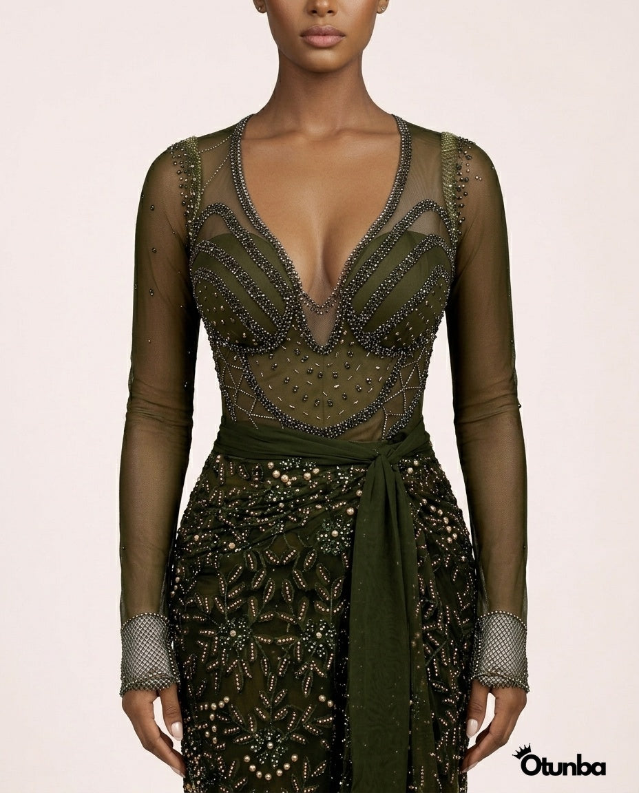 Luxury Shiny Lace Tradition Wedding Attire | Green — Photo 5 | OTUNBA Luxury Fashion