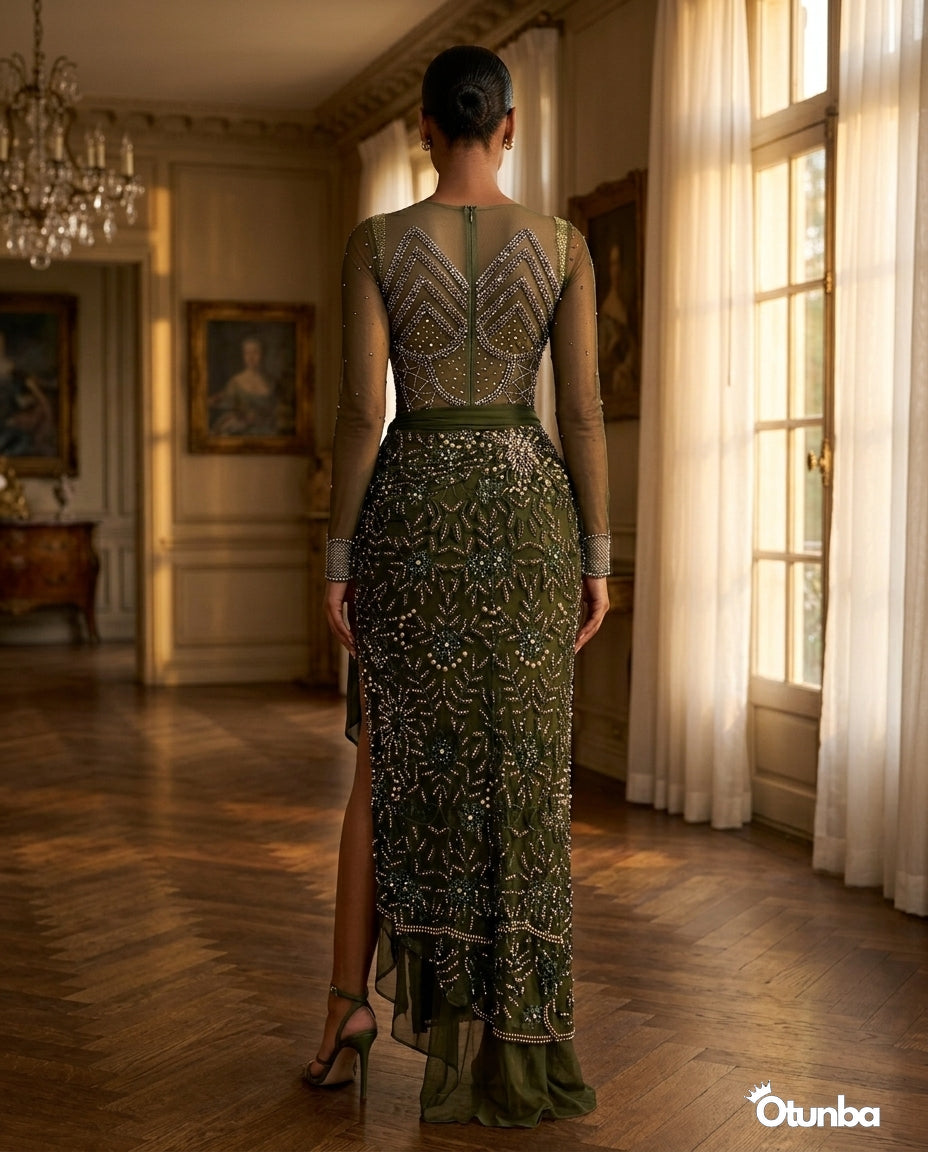 Luxury Shiny Lace Tradition Wedding Attire | Green — Social 3 | OTUNBA Luxury Fashion