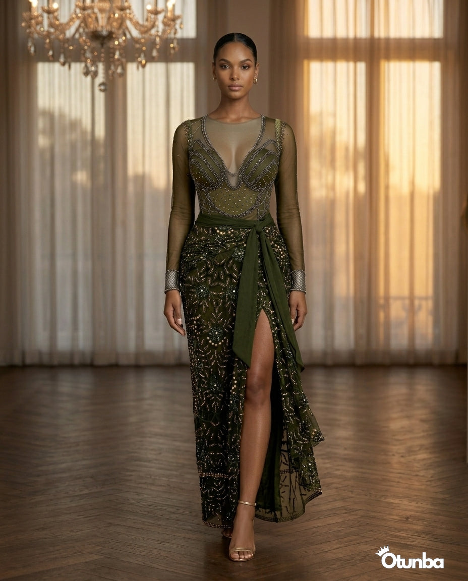 Luxury Shiny Lace Tradition Wedding Attire | Green OTUNBA Luxury Shiny Lace Tradition Wedding Attire | Green OTUNBA