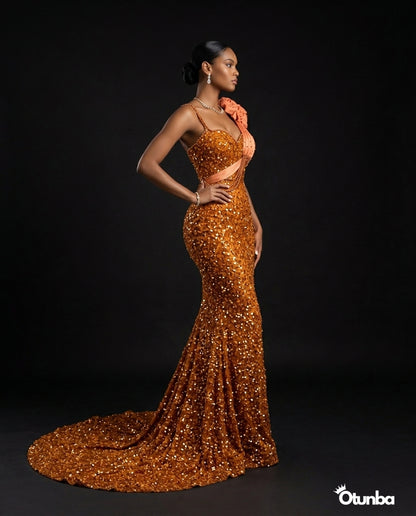 Luxury Short Prom Beaded Lace Dress | Orange — Photo 1 | OTUNBA Luxury Fashion