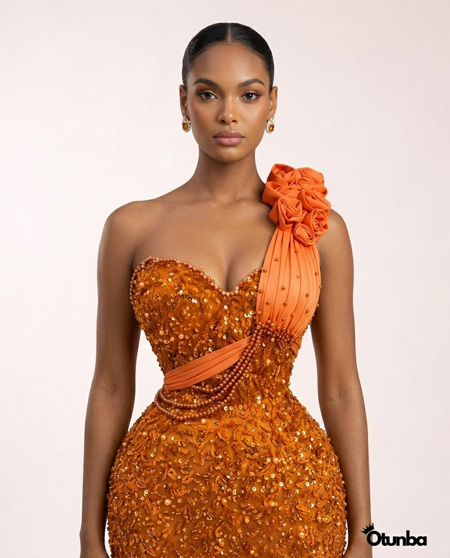 Luxury Short Prom Beaded Lace Dress | Orange OTUNBA Luxury Short Prom Beaded Lace Dress | Orange OTUNBA