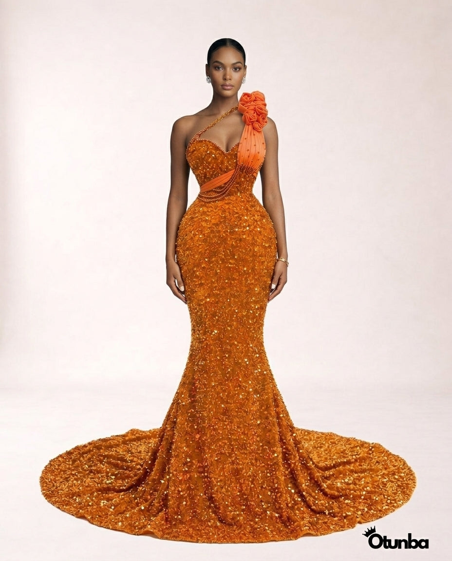 Luxury Short Prom Beaded Lace Dress | Orange — Photo 3 | OTUNBA Luxury Fashion