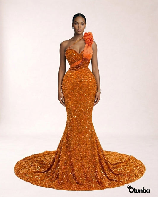 Luxury Short Prom Beaded Lace Dress | Orange — Photo 3 | OTUNBA Luxury Fashion