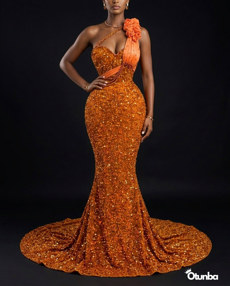 Luxury Short Prom Beaded Lace Dress | Orange OTUNBA Luxury Short Prom Beaded Lace Dress | Orange OTUNBA