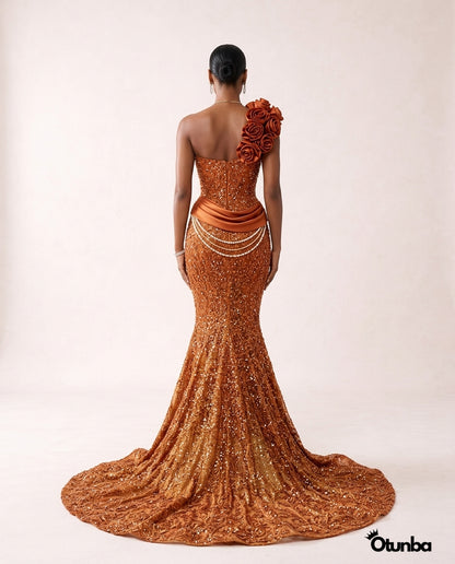 Luxury Short Prom Beaded Lace Dress | Orange — Photo 5 | OTUNBA Luxury Fashion