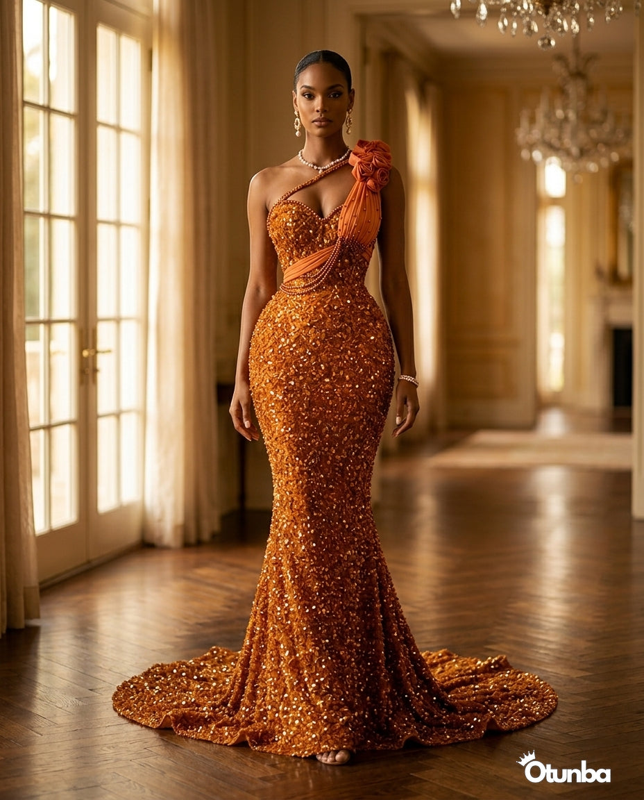 Luxury Short Prom Beaded Lace Dress | Orange — Social 1 | OTUNBA Luxury Fashion