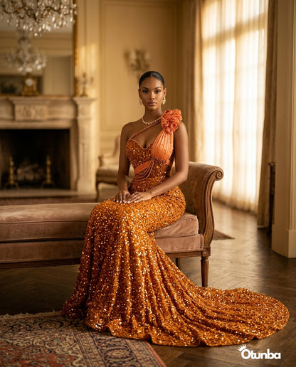 Luxury Short Prom Beaded Lace Dress | Orange — Social 2 | OTUNBA Luxury Fashion