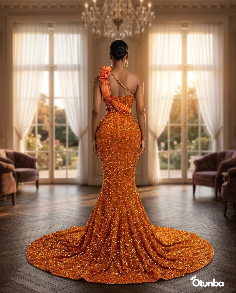 Luxury Short Prom Beaded Lace Dress | Orange — Social 3 | OTUNBA Luxury Fashion