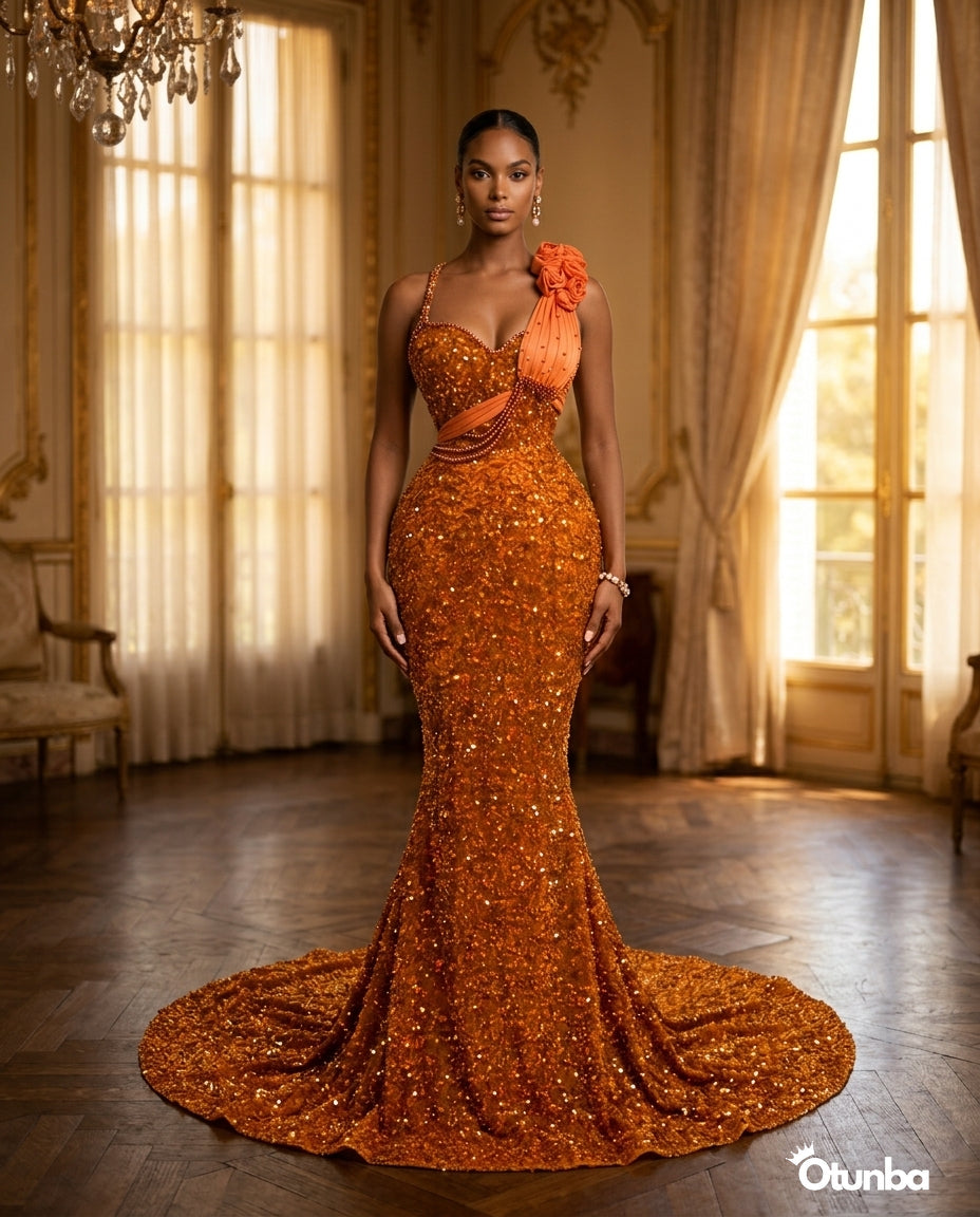 Luxury Short Prom Beaded Lace Dress | Orange — Social 5 | OTUNBA Luxury Fashion