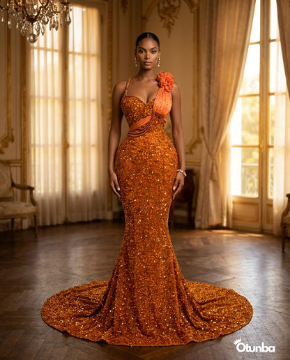 Luxury Short Prom Beaded Lace Dress | Orange — Social 5 | OTUNBA Luxury Fashion