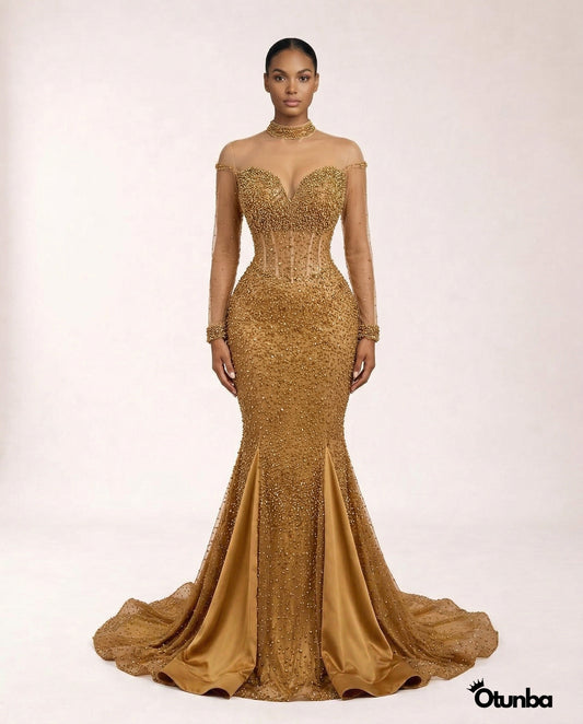 Luxury Sparkling Prom Beaded Lace Dress | Gold — Photo 3 | OTUNBA Luxury Fashion