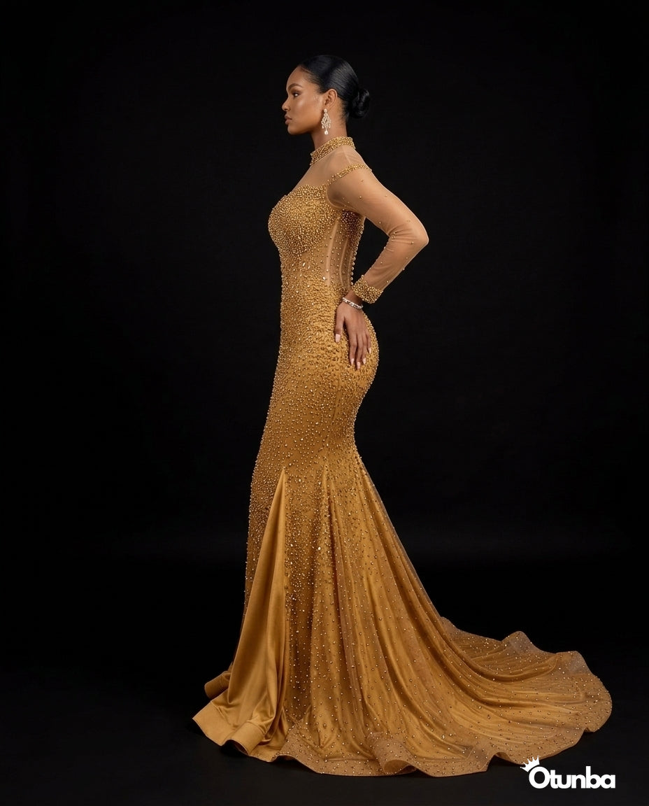 Luxury Sparkling Prom Beaded Lace Dress | Gold OTUNBA Luxury Sparkling Prom Beaded Lace Dress | Gold OTUNBA