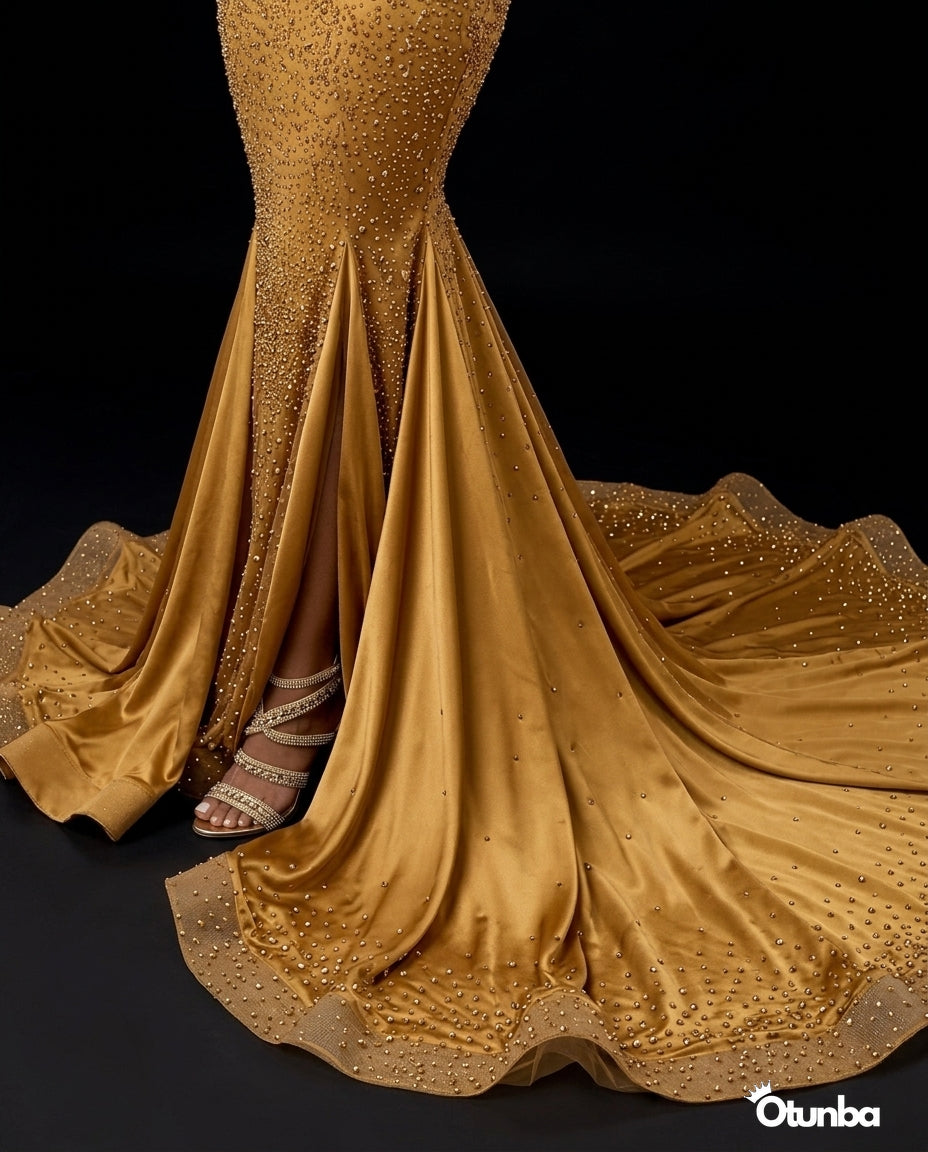Luxury Sparkling Prom Beaded Lace Dress | Gold OTUNBA Luxury Sparkling Prom Beaded Lace Dress | Gold OTUNBA