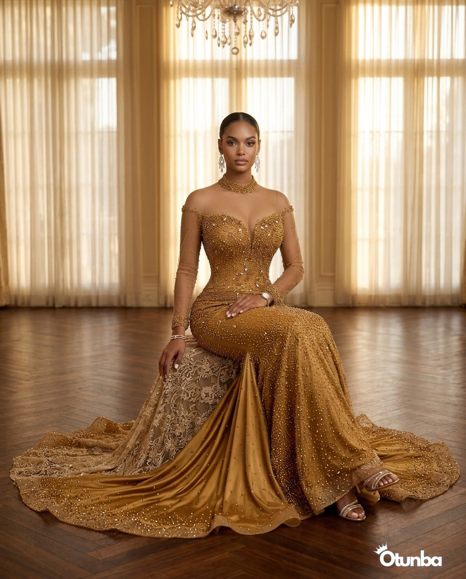 Luxury Sparkling Prom Beaded Lace Dress | Gold — Social 4 | OTUNBA Luxury Fashion