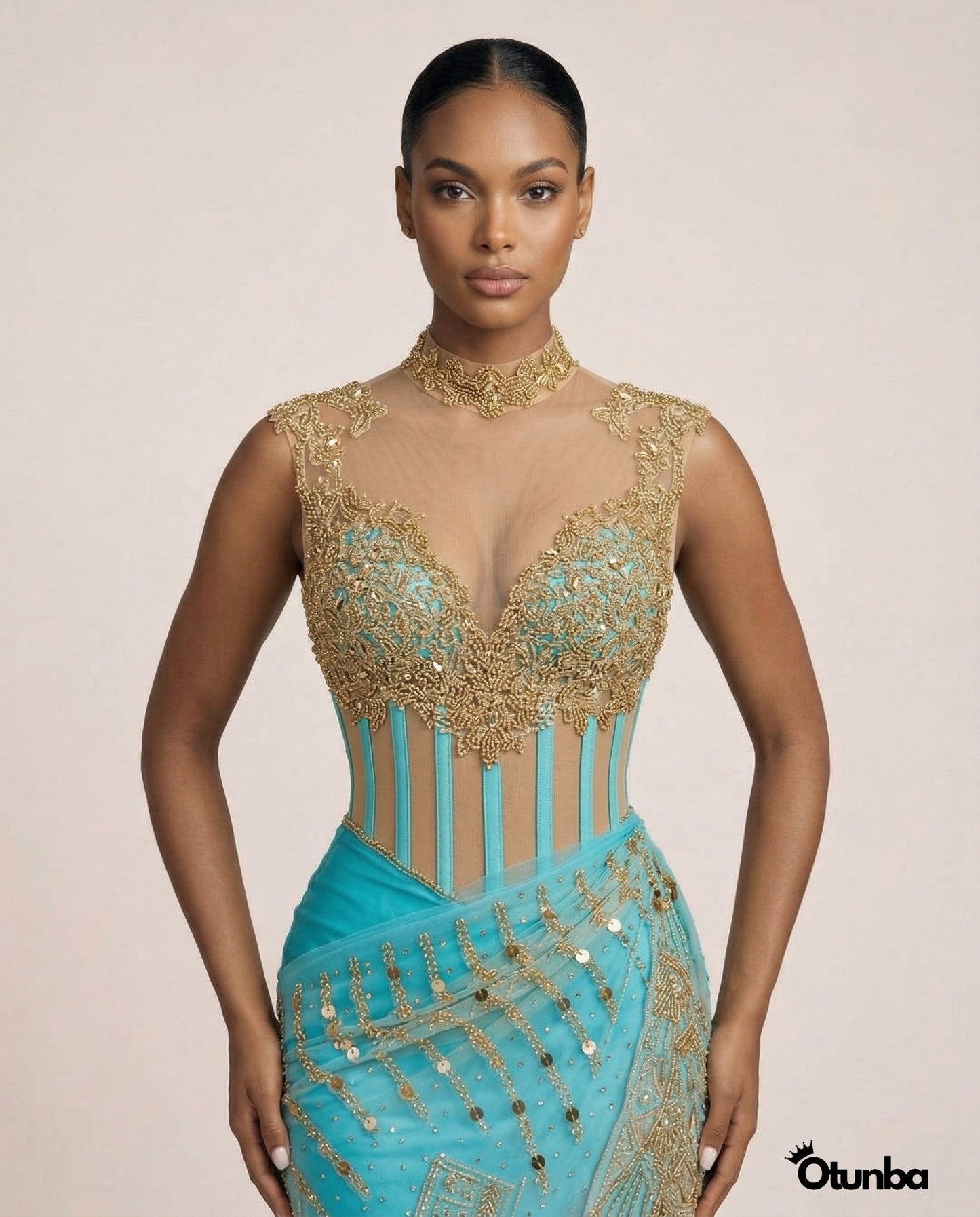 Luxury Traditional Bridal Corset Dress | Turquoise and Gold — Photo 1 | OTUNBA Luxury Fashion