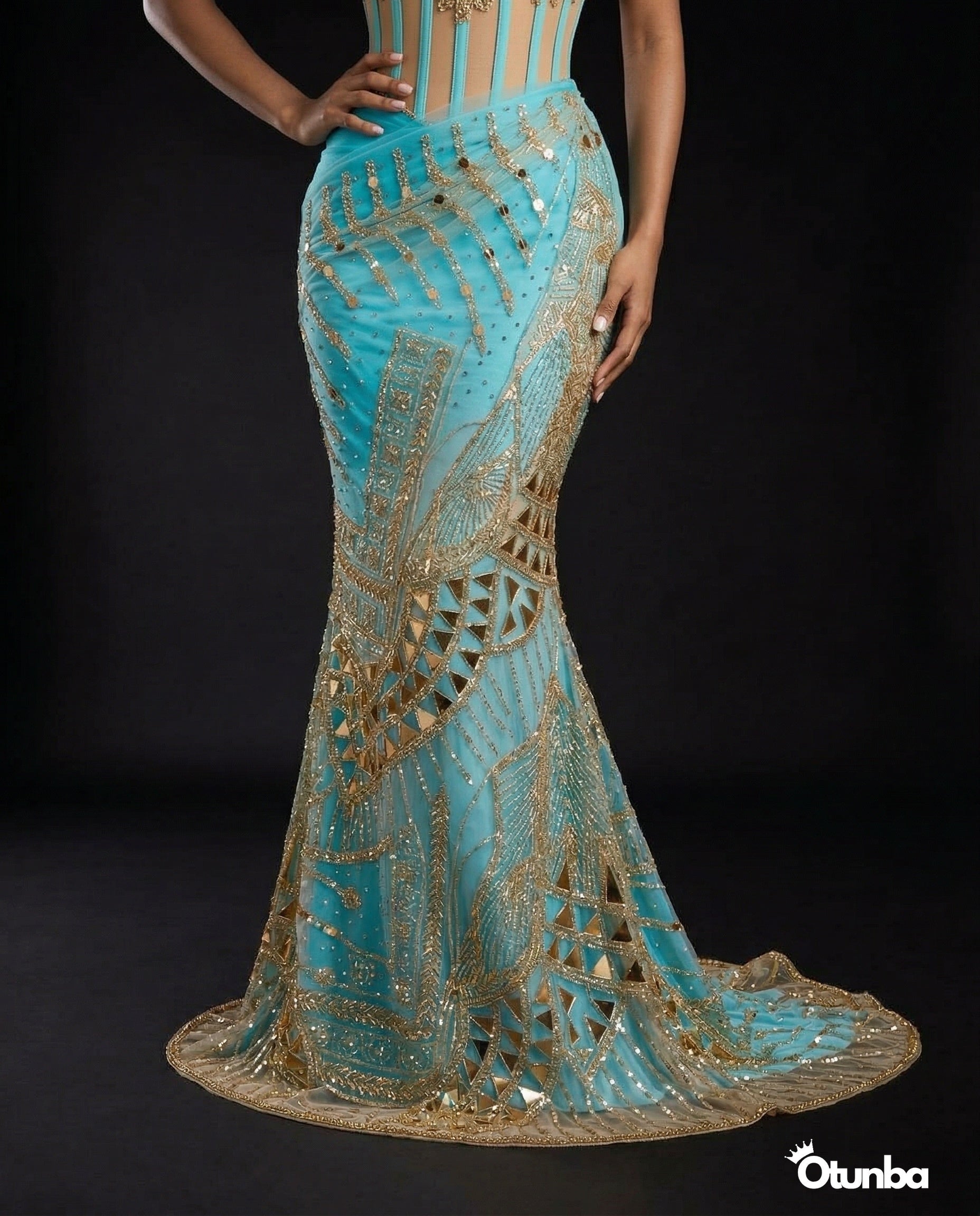 turquoise and gold dress Egyptian Striped Beaded Saidi Dress with Paillettes