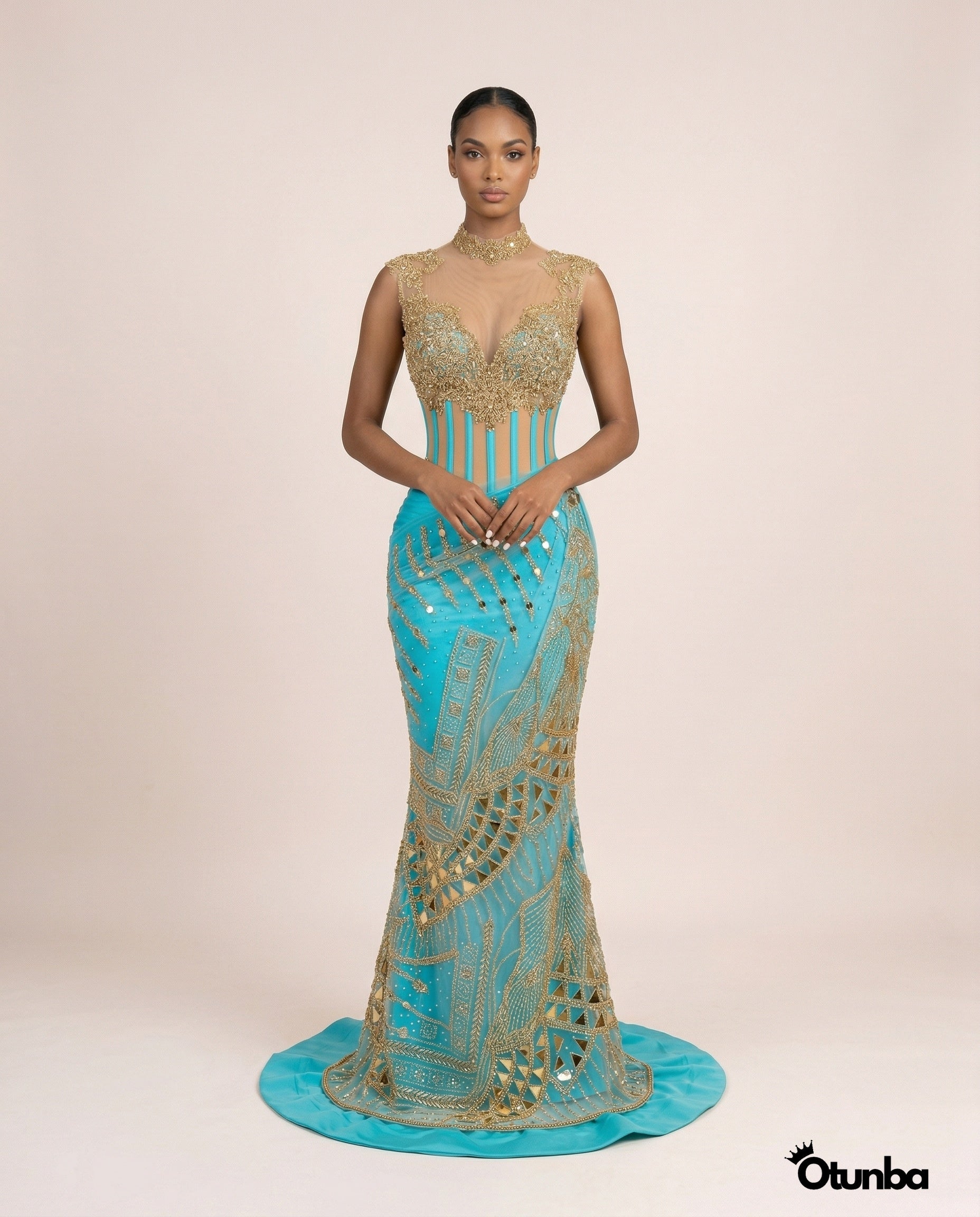 Luxury Traditional Bridal Corset Dress | Turquoise and Gold — Photo 3 | OTUNBA Luxury Fashion