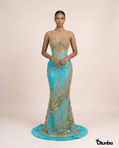 Luxury Traditional Bridal Corset Dress | Turquoise and Gold — Photo 3 | OTUNBA Luxury Fashion