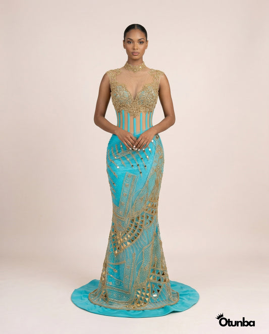 Luxury Traditional Bridal Corset Dress | Turquoise and Gold — Photo 3 | OTUNBA Luxury Fashion