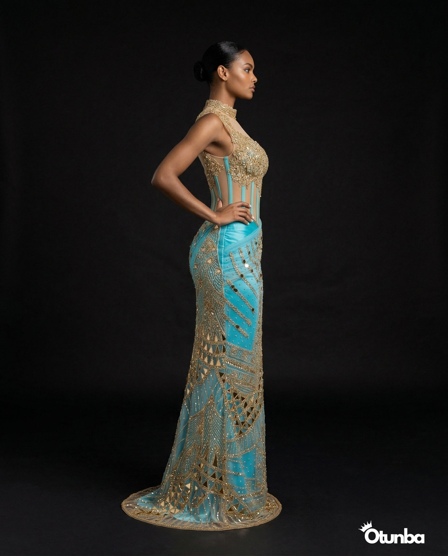 Luxury Traditional Bridal Corset Dress | Turquoise and Gold — Photo 4 | OTUNBA Luxury Fashion