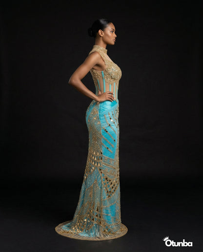 Luxury Traditional Bridal Corset Dress | Turquoise and Gold — Photo 4 | OTUNBA Luxury Fashion