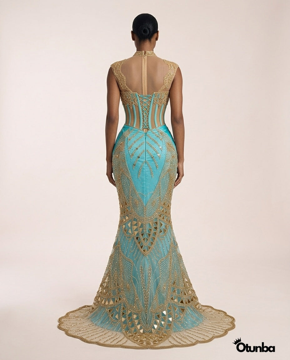 Luxury Traditional Bridal Corset Dress | Turquoise and Gold — Photo 5 | OTUNBA Luxury Fashion
