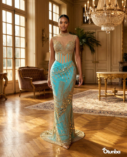 Luxury Traditional Bridal Corset Dress | Turquoise and Gold — Social 1 | OTUNBA Luxury Fashion