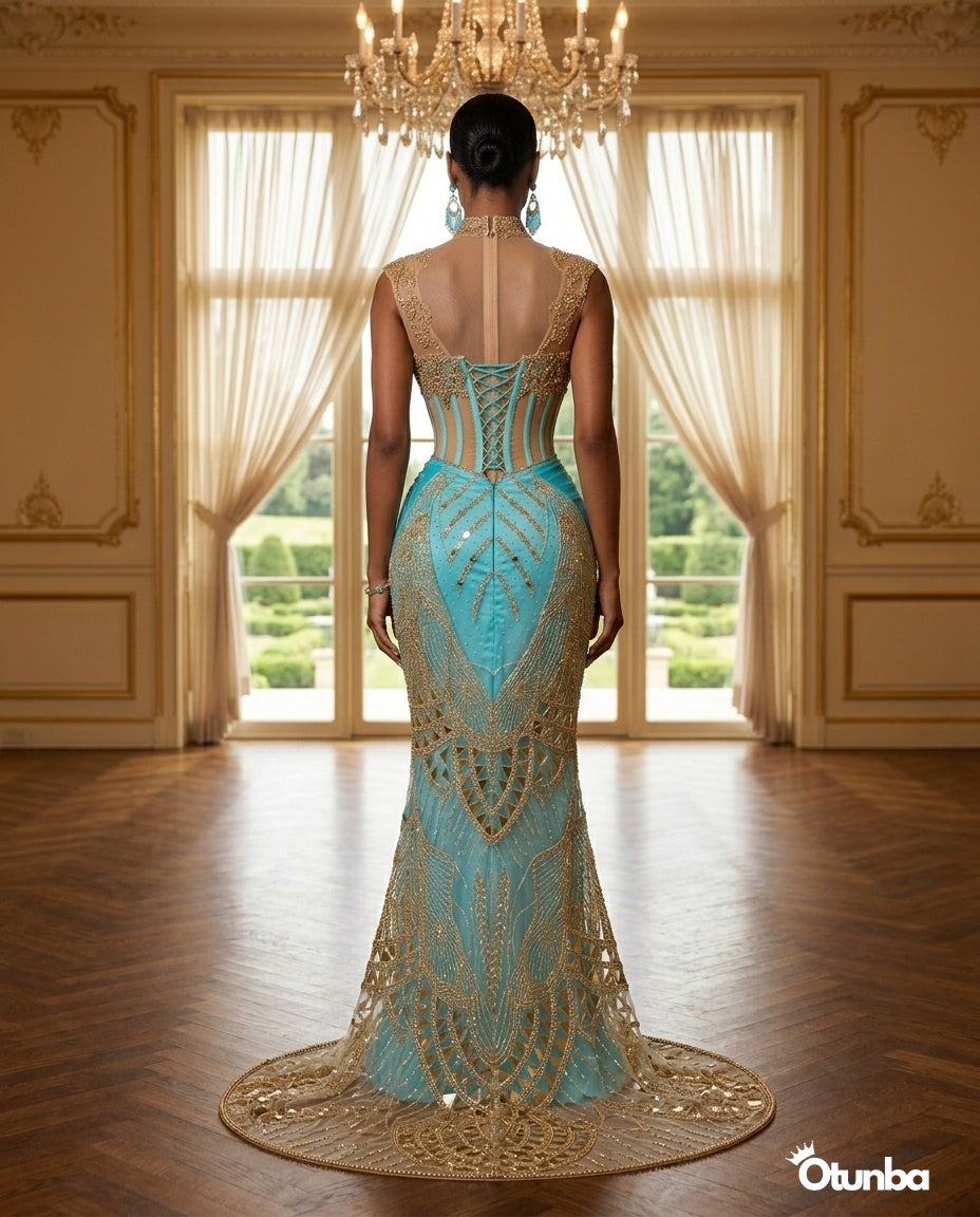 Luxury Traditional Bridal Corset Dress | Turquoise and Gold OTUNBA Luxury Traditional Bridal Corset Dress | Turquoise and Gold OTUNBA