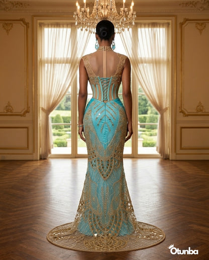 Luxury Traditional Bridal Corset Dress | Turquoise and Gold — Social 3 | OTUNBA Luxury Fashion