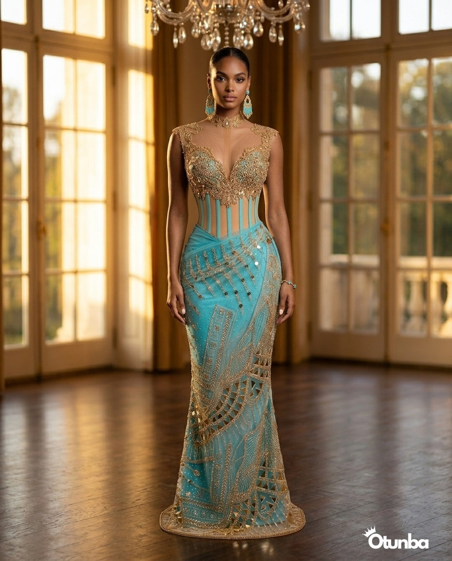 Luxury Traditional Bridal Corset Dress | Turquoise and Gold OTUNBA Luxury Traditional Bridal Corset Dress | Turquoise and Gold OTUNBA