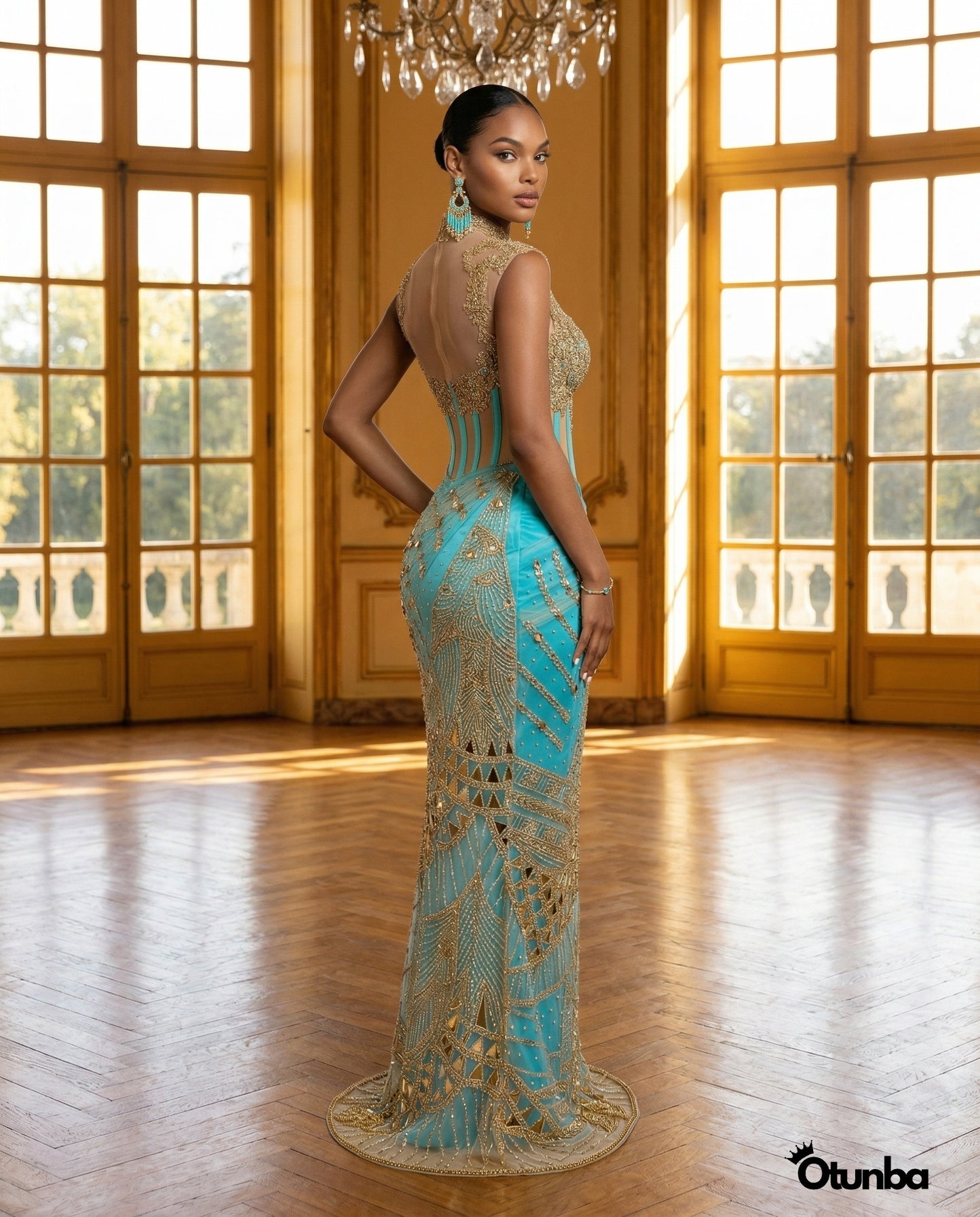 Luxury Traditional Bridal Corset Dress | Turquoise and Gold — Social 5 | OTUNBA Luxury Fashion