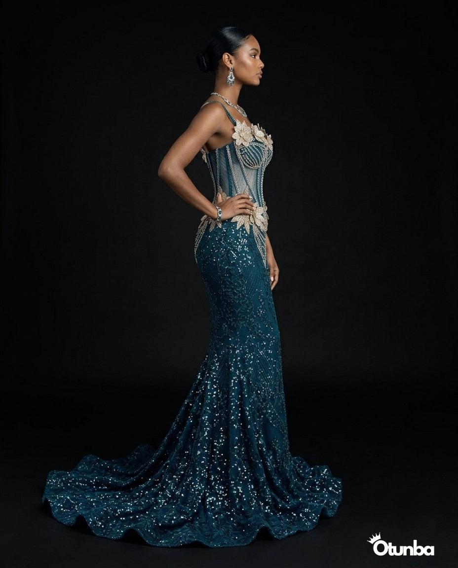 Luxury Traditional George Lace Wedding Attire | Silver and Blue — Photo 1 | OTUNBA Luxury Fashion