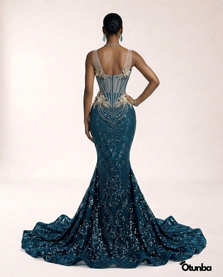 Luxury Traditional George Lace Wedding Attire | Silver and Blue