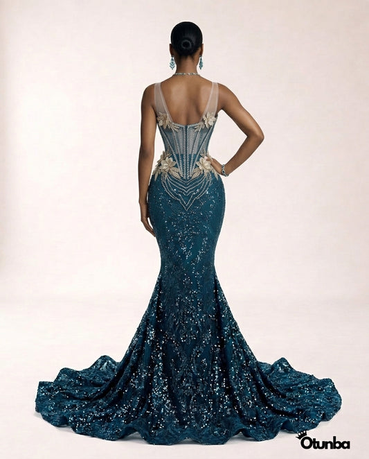 Luxury Traditional George Lace Wedding Attire | Silver and Blue — Photo 3 | OTUNBA Luxury Fashion